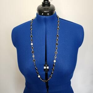 Long Gold-Tone Black Faceted Stone & Pearl Station Necklace | Classic Layering